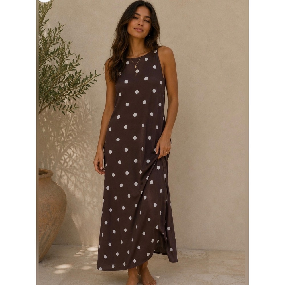 Caroline Constas Brown Polka Dot Sleeveless Mesh Maxi Cover-up NWT Size Medium